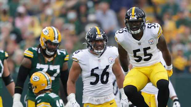Pittsburgh Steelers linebacker Devin Bush (55) celebrates sacking Green Bay Packers quarterback Aaron Rodgers (12) during their football game Sunday, October 3, 2021, at Lambeau Field in Green Bay, Wis. Dan Powers/USA TODAY NETWORK-Wisconsin

Apc Packvssteelers 1003210256djp